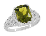 Edwardian Filigree Radiant Cut Olive Green Peridot Ring in Sterling Silver | 3.5 Carats