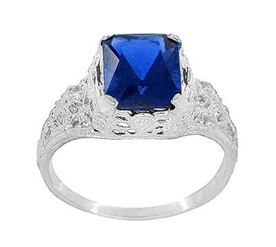 Edwardian Filigree Lab Created Blue Sapphire Ring in Sterling Silver | Radiant Cut 3.75 Carat Sapphire Statement Ring - Item: SSR618S - Image: 3