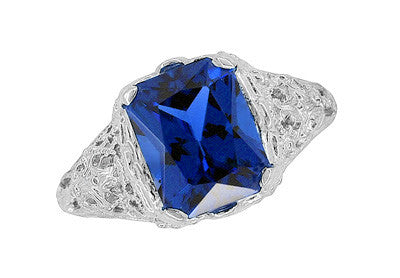 Edwardian Filigree Lab Created Blue Sapphire Ring in Sterling Silver | Radiant Cut 3.75 Carat Sapphire Statement Ring - Item: SSR618S - Image: 4