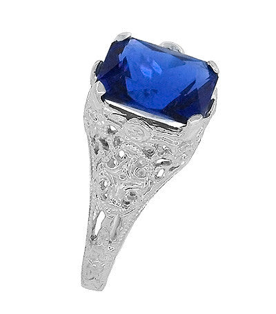 Edwardian Filigree Lab Created Blue Sapphire Ring in Sterling Silver | Radiant Cut 3.75 Carat Sapphire Statement Ring - Item: SSR618S - Image: 5