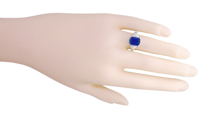Edwardian Filigree Lab Created Blue Sapphire Ring in Sterling Silver | Radiant Cut 3.75 Carat Sapphire Statement Ring - Item: SSR618S - Image: 7