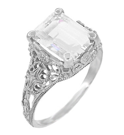 Edwardian Filigree Emerald Cut White Topaz Ring in Sterling Silver - Item: SSR618WT - Image: 2