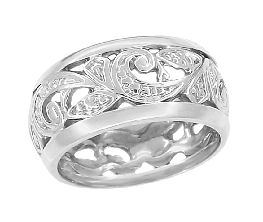 Retro Moderne Scrolls and Leaves Filigree Wide Band Ring in Sterling Silver | 8.5mm Wide