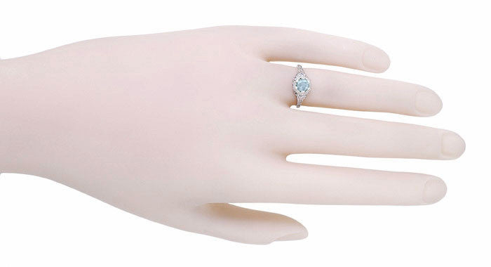 Art Deco Filigree Flowers Aquamarine Promise Ring in Sterling Silver - Item: SSR706A - Image: 4