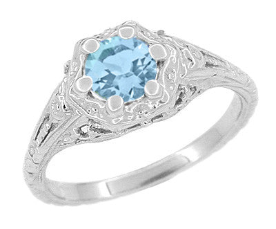 Art Deco Filigree Flowers Blue Topaz Promise Ring in Sterling Silver