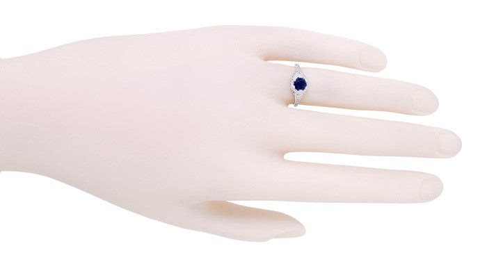 Art Deco Filigree Flowers Blue Sapphire Promise Ring in Sterling Silver - Item: SSR706S - Image: 4