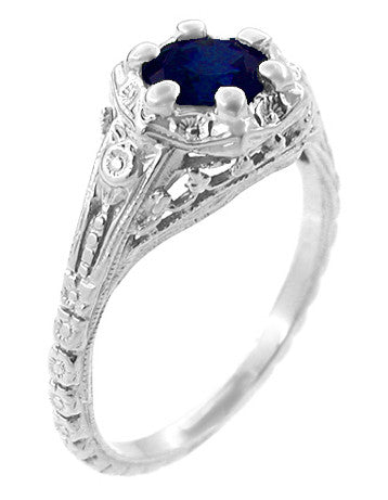 Art Deco Filigree Flowers Blue Sapphire Promise Ring in Sterling Silver - Item: SSR706S - Image: 2