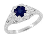 Art Deco Filigree Flowers Blue Sapphire Promise Ring in Sterling Silver