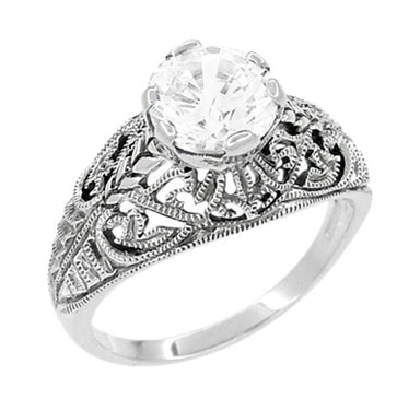 Antique Style Edwardian Filigree Engraved Cubic Zirconia ( CZ ) Promise Ring in Sterling Silver
