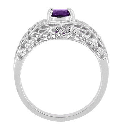 Edwardian Filigree Flowers Amethyst Dome Promise Ring in Sterling Silver - Item: SSRV16A - Image: 2