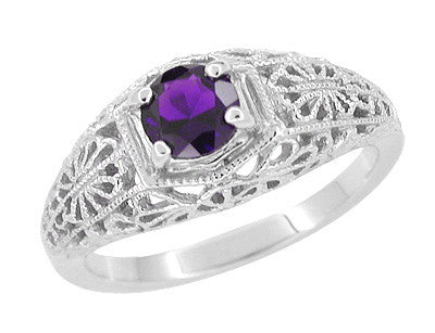 Edwardian Filigree Flowers Amethyst Dome Promise Ring in Sterling Silver