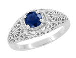 Edwardian Floral Filigree Blue Sapphire Dome Promise Ring in Sterling Silver