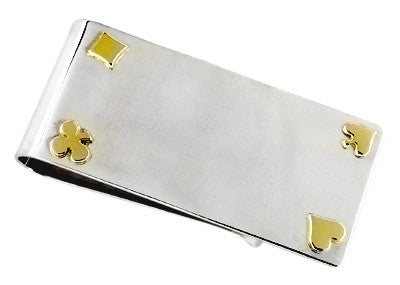 Sterling Silver Money Clip with 14 Karat Gold Card Suits Accents