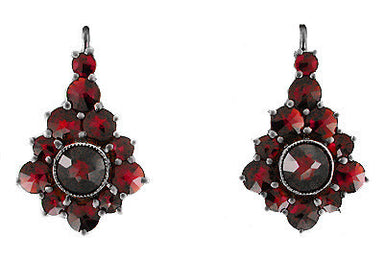 Victorian Bohemian Garnet Earrings in Antiqued Sterling Silver - Rose Cut Czech Garnets - AE144