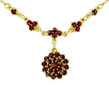 Victorian Bohemian Garnet Floral Drop Necklace in Sterling Silver and Yellow Gold Vermeil