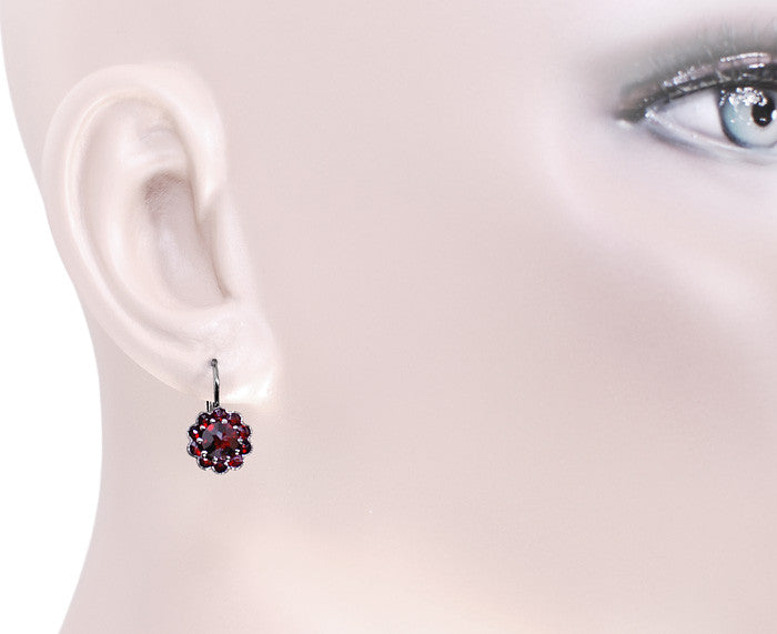 Victorian Bohemian Garnet Floral Earrings in Antiqued Sterling Silver with 14 Karat Gold Earwires - Item: E148 - Image: 3