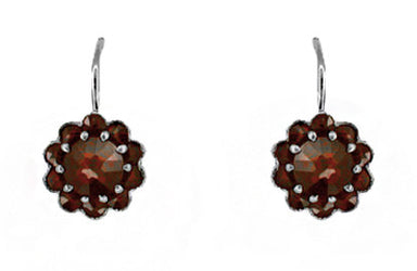 Victorian Bohemian Garnet Floral Earrings in Antiqued Sterling Silver with 14 Karat Gold Earwires