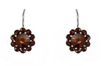 Victorian Bohemian Garnet Floral Earrings in Antiqued Sterling Silver with 14 Karat Gold Earwires