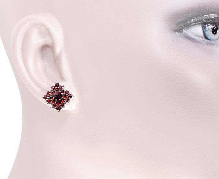 Victorian Bohemian Garnet Galaxy Stud Earrings in 14 Karat Gold and Antiqued Sterling Silver - Item: E143 - Image: 3