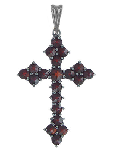 Sterling Silver Victorian Vintage Bohemian Garnet Cross Pendant with Antiqued Finish and Red Rose Cut Czech Garnets - ACSS12