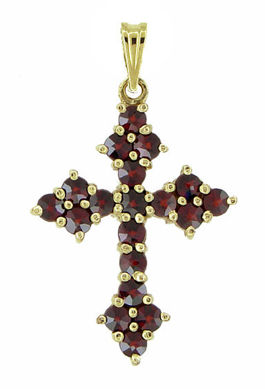 Victorian Bohemian Garnet Small Gothic Cross Pendant in Sterling Silver and Yellow Gold Vermeil