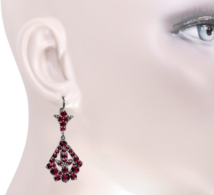 Victorian Bohemian Garnet Leaf Drop Earrings in Antiqued Sterling Silver - Item: E139 - Image: 3