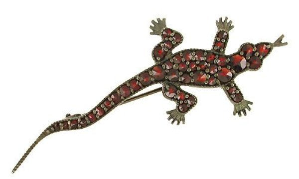 Antique Lizard Brooch Pin with Red Czech Bohemian Garnet - Sterling Silver with Dark Finish  and Rose Cut Garnets - ABR159