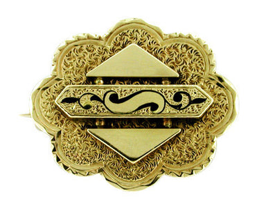 Antique Victorian Engraved Black Enamel Pendant Brooch in 10 Karat Gold