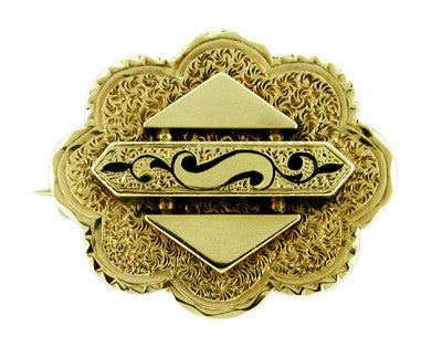 Antique Victorian Engraved Black Enamel Pendant Brooch in 10 Karat Gold