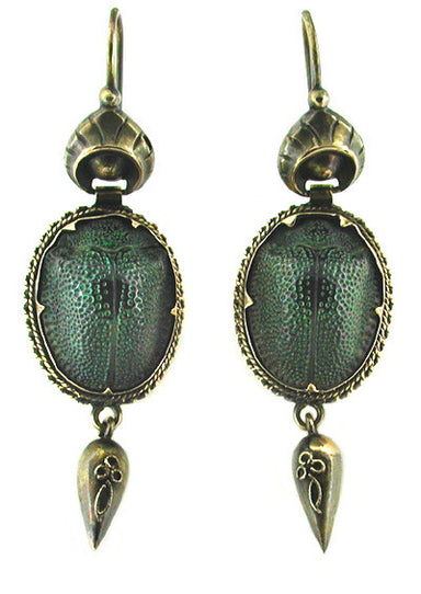 Victorian Genuine Scarab Antique Earrings in 15 Karat Gold