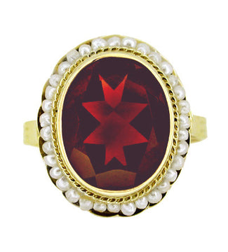 Victorian Oval Almandine Red Garnet and Seed Pearl Ring in 14 Karat Yellow Gold