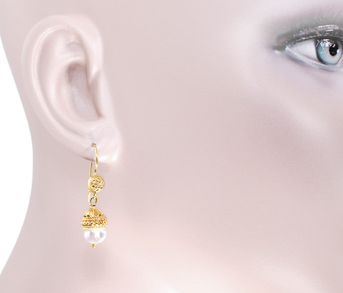 Etruscan Revival Victorian Pearl Drop Dangle Earrings in 15 Karat Gold - Item: E126 - Image: 2