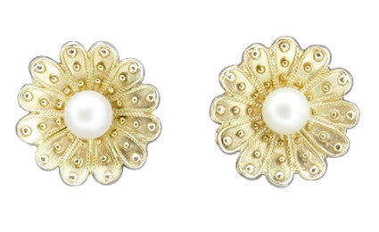 Victorian Sunflower Pearl Stud Earrings in 14 Karat Yellow Gold