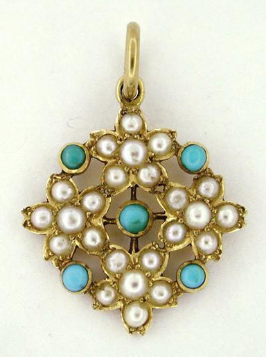 Victorian Turquoise and Pearl Floral Antique Pendant in 18 Karat Gold