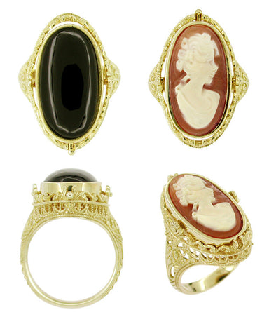 Filigree Edwardian Flip Ring with Carnelian Shell Cameo and Black Onyx in 14 Karat Gold - alternate view