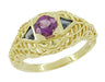 Art Deco Amethyst and Triangle Blue Sapphire Filigree Ring in 14 Karat Yellow Gold