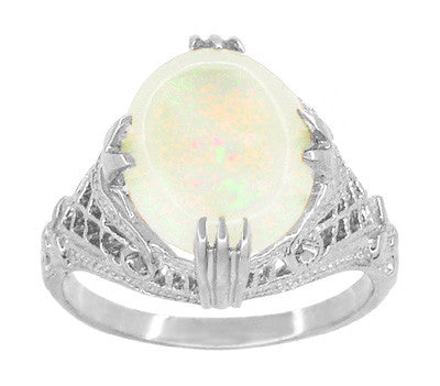 Art Deco 1920's Filigree Vintage Large Oval White Opal Ring in 14 Karat White Gold - R157