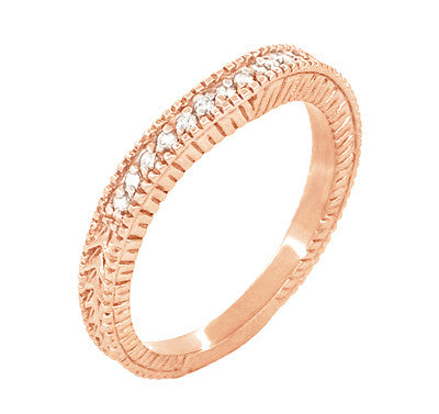 Art Deco Curved Wheat Diamond Wedding Band in 14 Karat Rose Gold - Item: WR1153R - Image: 2