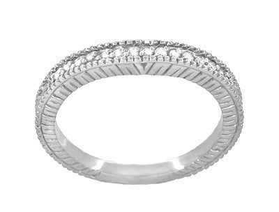 Art Deco Carved Wheat & Diamonds Curved Wedding Band in 14K or 18K White Gold - Item: WR1153W14 - Image: 3