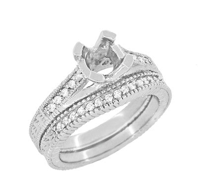 Art Deco Carved Wheat & Diamonds Curved Wedding Band in 14K or 18K White Gold - Item: WR1153W14 - Image: 6