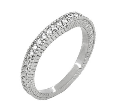 Art Deco Carved Wheat & Diamonds Curved Wedding Band in 14K or 18K White Gold - alternate view