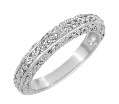 Edwardian Filigree Flowing Scrolls Wedding Ring in 14 Karat White Gold - alternate view