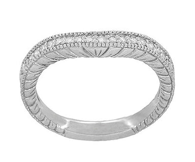 Art Deco White Gold Vintage Wheat Engraved Curved Diamond Wedding Band - alternate view