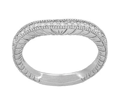 Art Deco White Gold Vintage Wheat Engraved Curved Diamond Wedding Band - Item: WR1205W14-LC - Image: 2