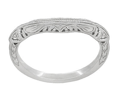 Art Deco Filigree and Wheat Engraved Curved Wedding Ring in Platinum - Item: WR161P - Image: 3