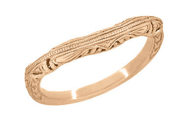 Art Deco Filigree and Wheat Engraved Curved Wedding Ring in 14 Karat Rose Gold
