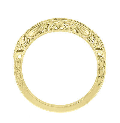 Art Deco Filigree and Wheat Engraved Curved Wedding Ring in 14 Karat Yellow Gold - Item: WR161Y - Image: 4