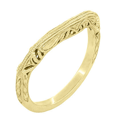 Art Deco Filigree and Wheat Engraved Curved Wedding Ring in 14 Karat Yellow Gold - Item: WR161Y - Image: 2