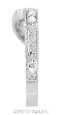Art Deco Heirloom Carved Scrolls and Wheat Curved Diamond Wedding Band in 18 Karat White Gold - Item: WR178D - Image: 6