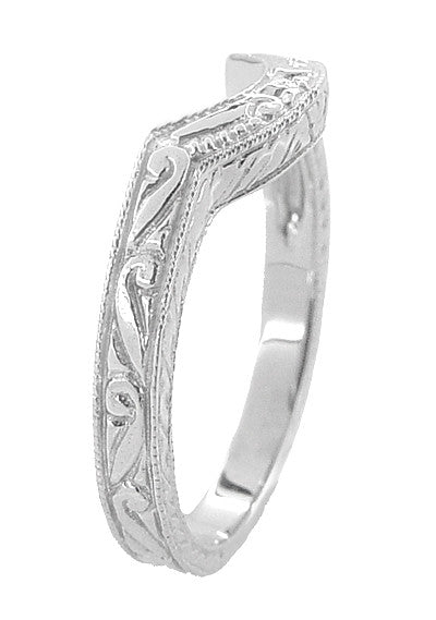 Art Deco Scrolls and Wheat Engraved Platinum Rounded Curved Wedding Band - Item: WR178P - Image: 3